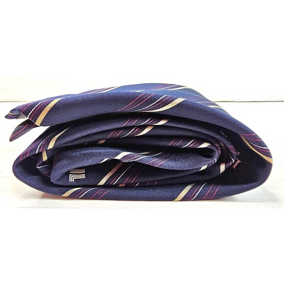 Lanvin Mens Navy Blue Striped Silk Tie With Red & Yellow Accents - Picture 5 of 8